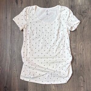 HM Mama Maternity T-Shirt White Navy Anchor Print Ruched Side Short Sleeve Med